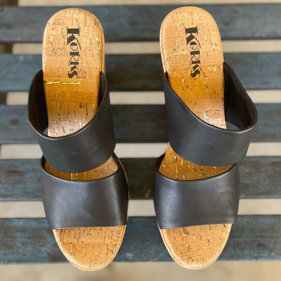 Korks Dezi Womens Platform Sandals 11M Black Leather Slip-On Cork Heel Open Toe - Picture 6 of 10